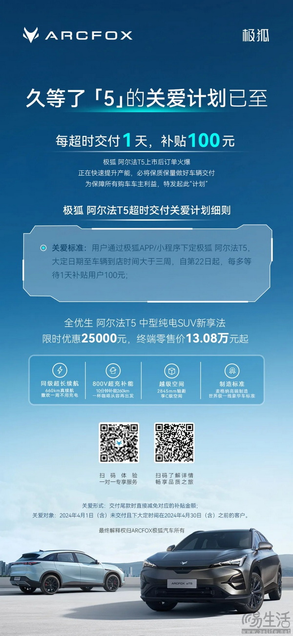 阿尔法T5推出关爱计划 超时交付每天补贴100元 阿尔法T5推出关爱计划 超时交付每天补贴100元