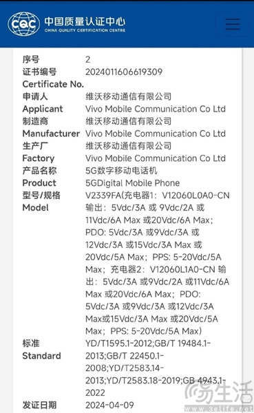 iQOO Neo9s Pro已通过3C认证，或支持120W快充