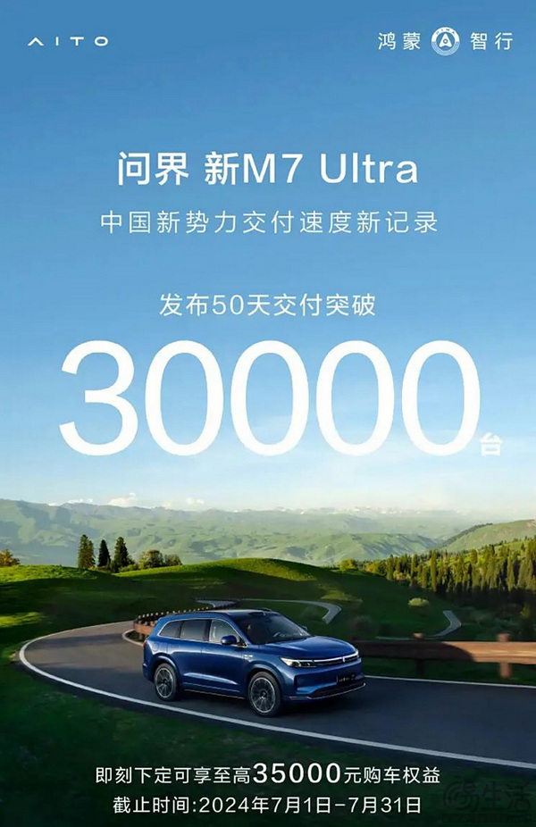 问界M7累计交付量已突破20万辆 还有3.5万权益