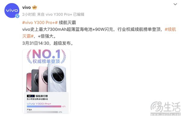 vivo Y300 Pro+继续预热，续航能力极为突出