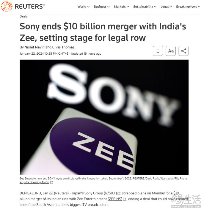 索尼终止与Zee的合并交易，并寻求9000万元援助