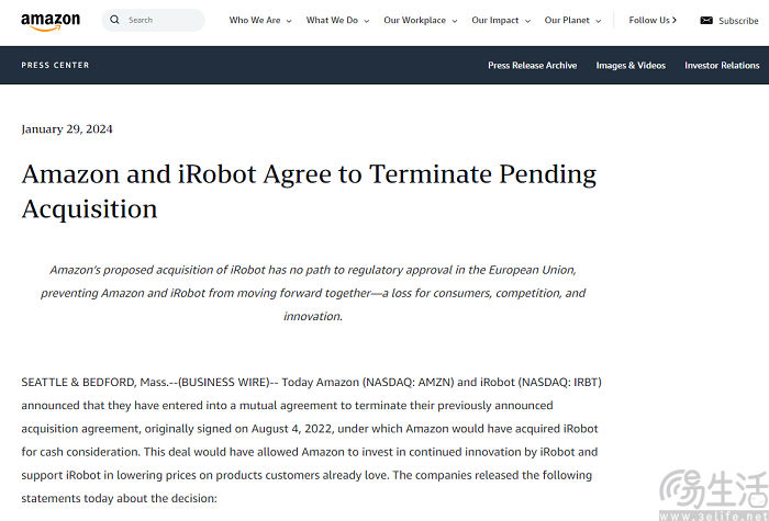 iRobot终止与亚马逊收购协议，并宣布裁员31%