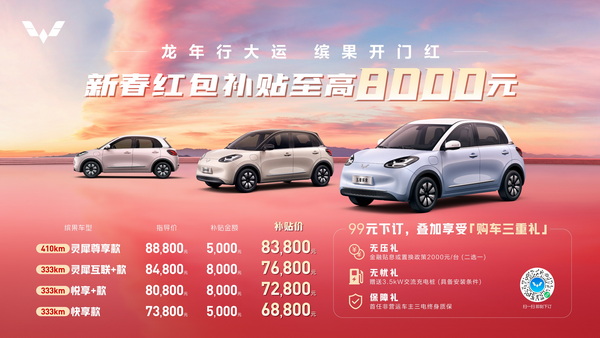 五菱缤果新春至高优惠8000元 还送3.5kW充电桩 