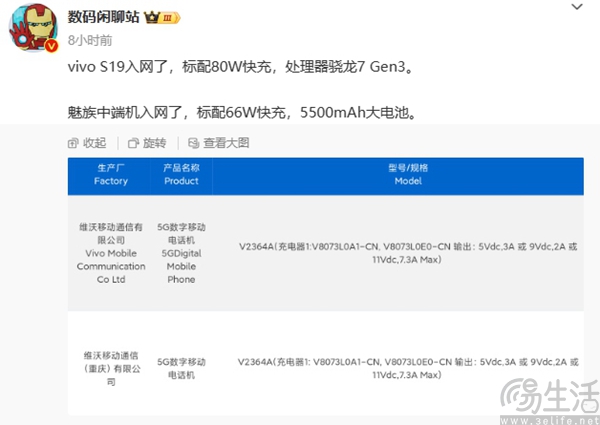 疑似vivo S19入网,或沿用高通骁龙7 Gen3主控 疑似vivo S19入网,或沿用高通骁龙7 Gen3主控