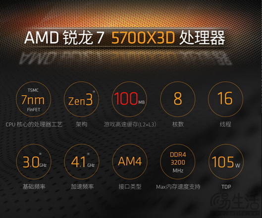 AM4平台轻松升级 AMD 锐龙7 5700X3D游戏玩家实惠之选