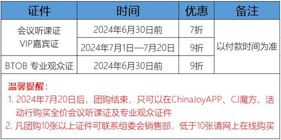 2024 ChinaJoy BTOB专业观众证及同期会议听课证首批证件限时发售