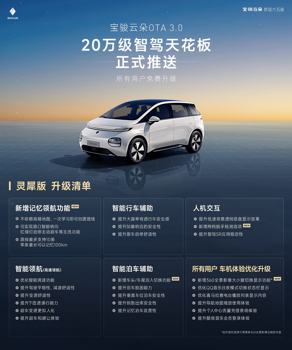宝骏云朵OTA 3.0全量推送 增城市记忆领航等功能