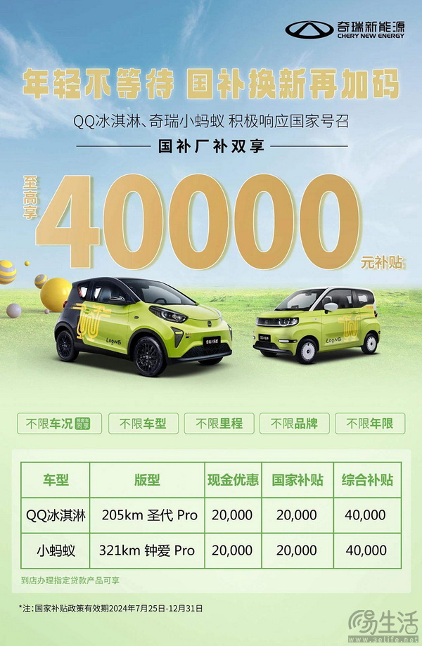  奇瑞QQ冰淇淋和小蚂蚁最高可享受4万元双补贴