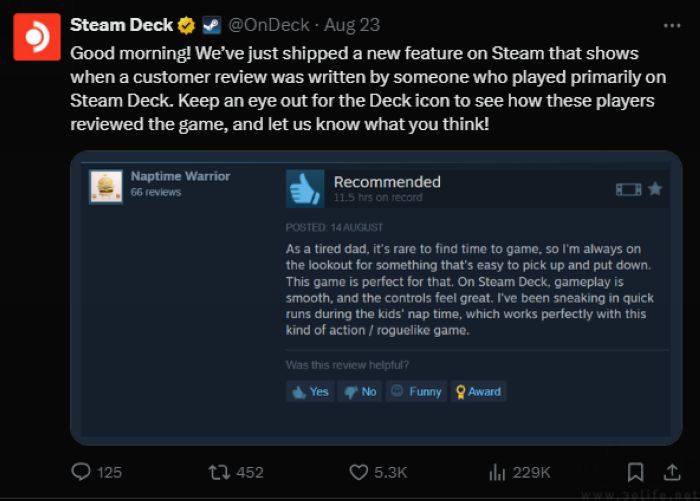 Steam增加新功能，可显示Steam Deck玩家评论