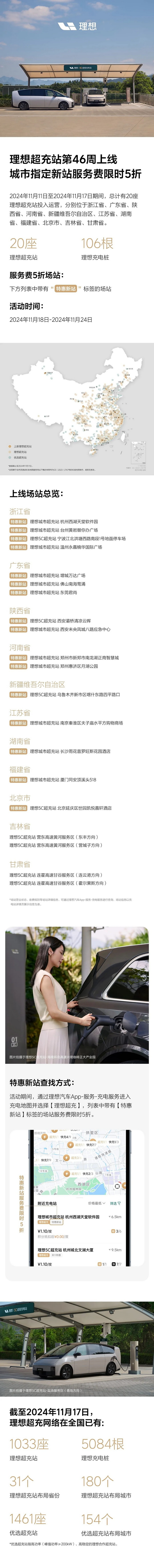 理想超充站第46周新增20座超充站106根充电桩