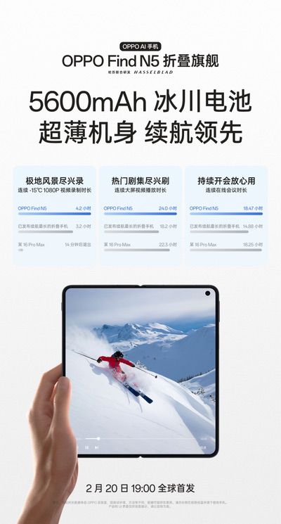 首款骁龙8至尊版折叠旗舰，OPPO Find N5搭载冰川电池续航领先