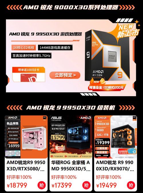 AMD锐龙9 9950X3D/9900X3D及组装机京东预售开启