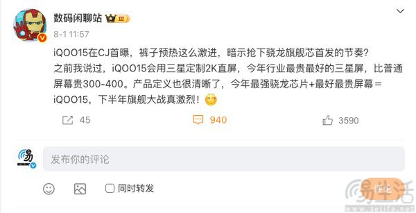 iQOO 15更多配置曝光，或换用三星定制2K屏