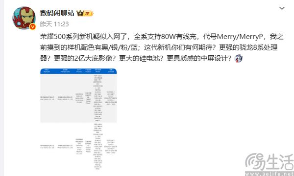 荣耀500系列入网,标配80W快充 荣耀500系列入网,标配80W快充
