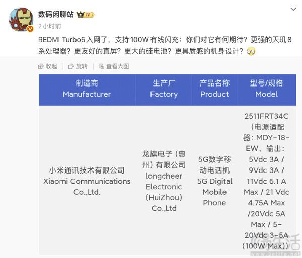 REDMI Turbo 5通过3C认证，将支持100W快充
