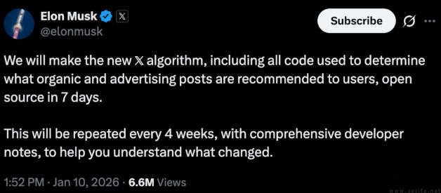 马斯克承诺X即将公开算法，并将定期更新