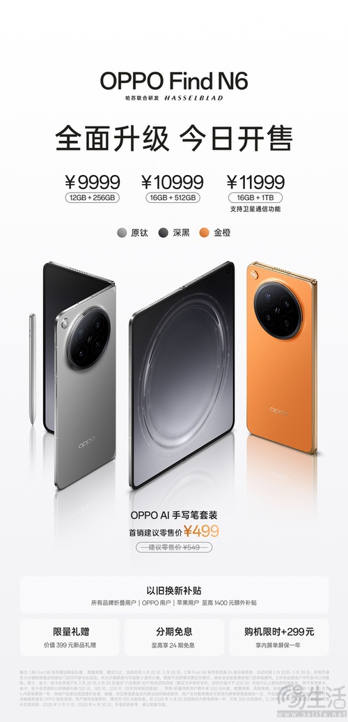 OPPO Find N6全渠道开售，价格从9999元起