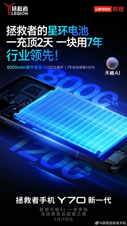 新款拯救者Y70继续预热，搭载8000mAh电池