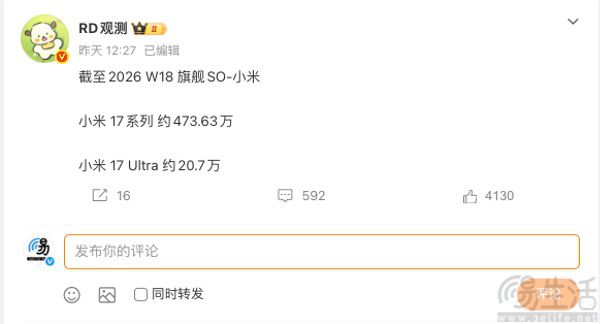 小米17系列市场数据曝光，销量已接近500万