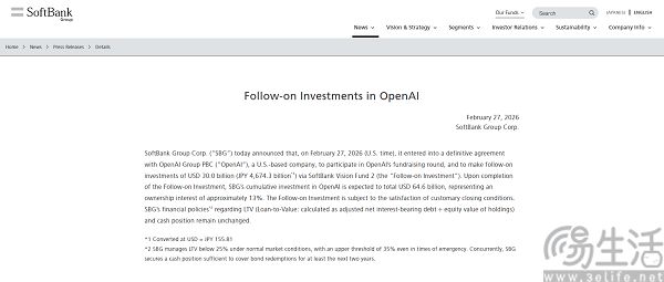 软银再投OpenAI百亿美元,累计投资646亿美元 软银再投OpenAI百亿美元,累计投资646亿美元