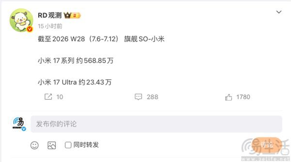 小米17系列机型销量曝光,或已超过568万台 小米17系列机型销量曝光,或已超过568万台