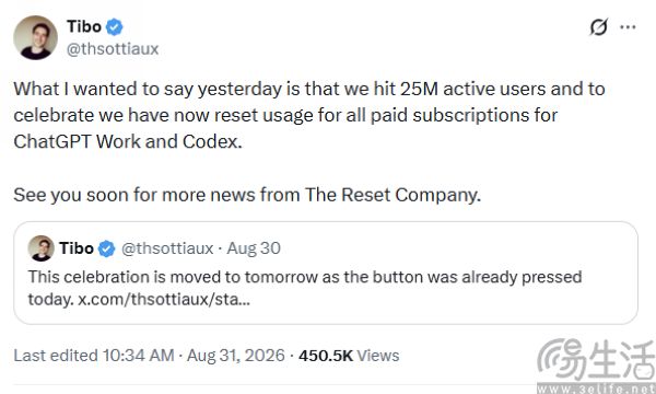 Codex活跃用户已达2500万,为付费用户重置额度 Codex活跃用户已达2500万,为付费用户重置额度