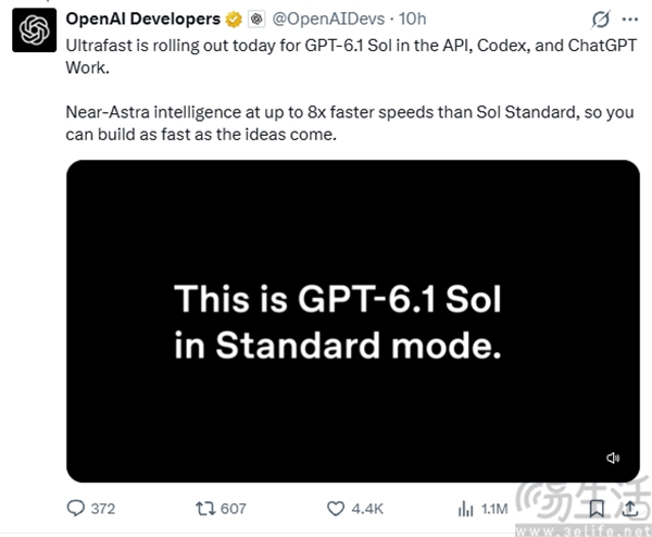 OpenAI推出GPT-6.1 Sol Ultrafast，速度最高提升8倍
